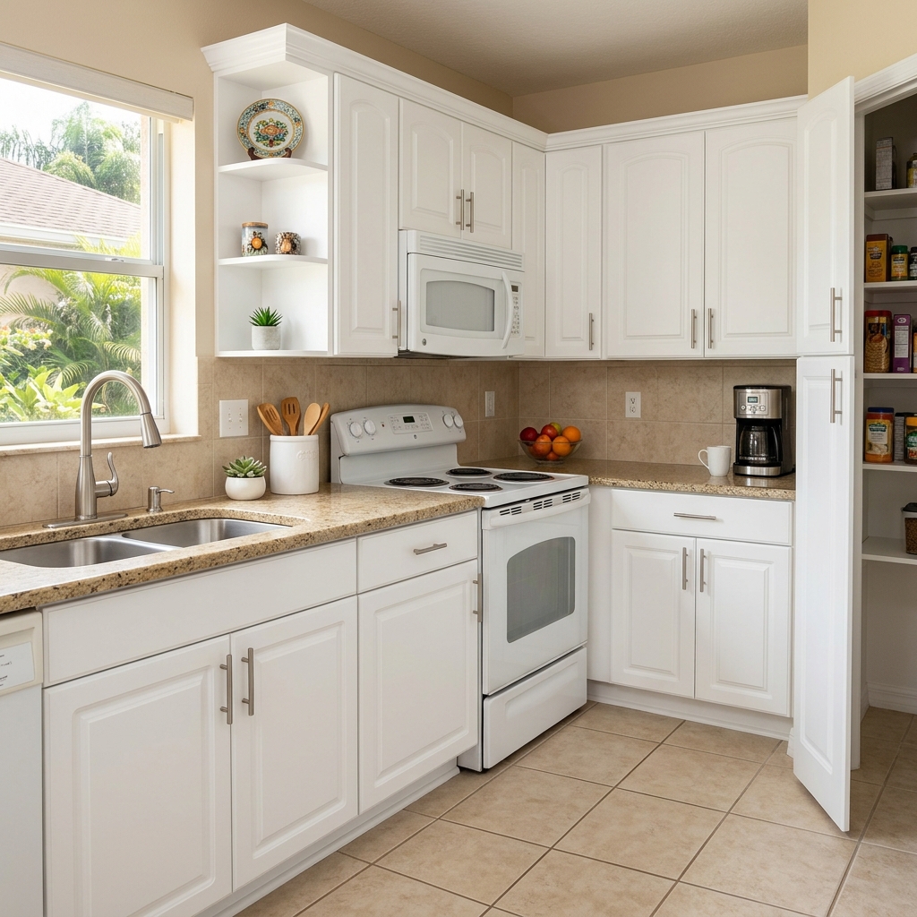After: kitchen cabinets refinished in factory-smooth white urethane enamel in PGA Village