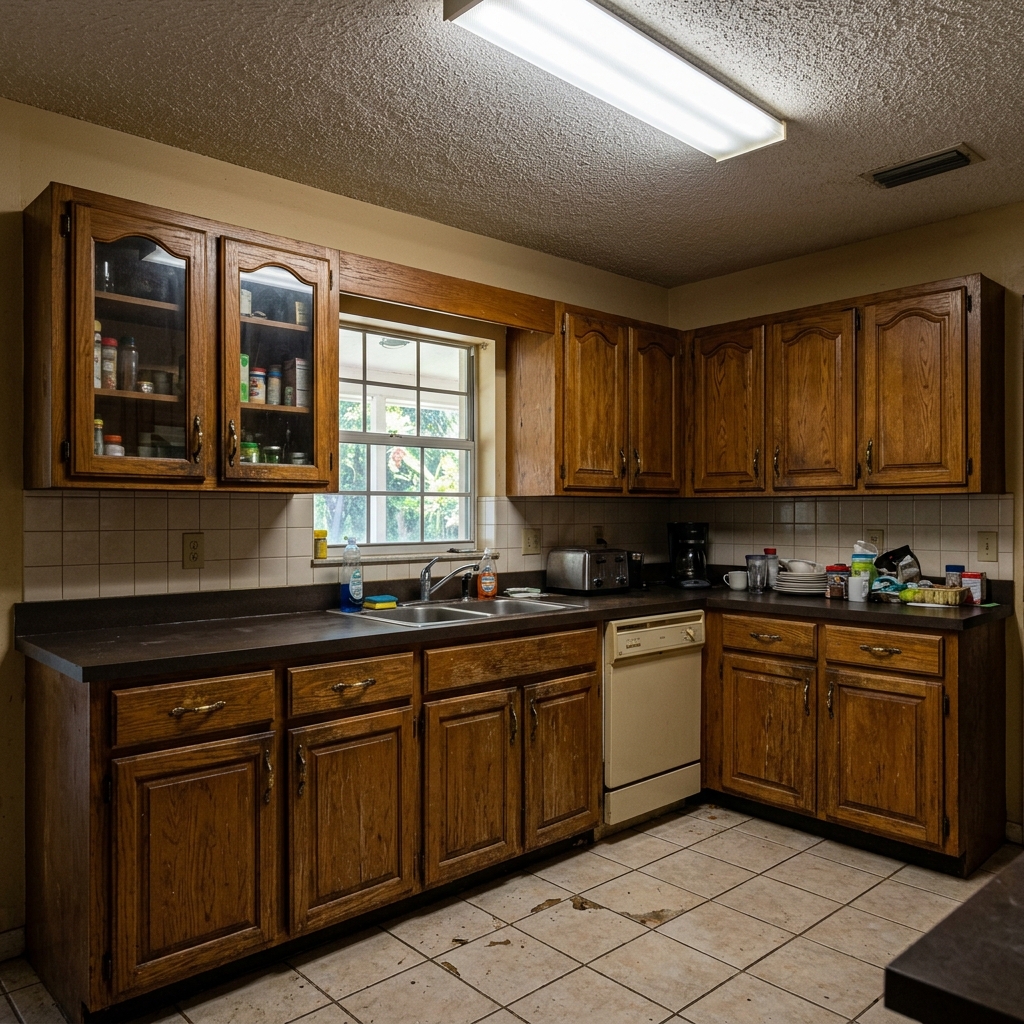 Before: dated dark wood kitchen cabinets prior to refinishing