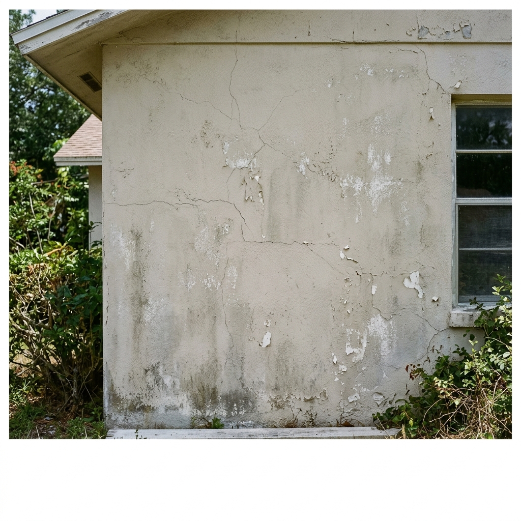 Before: weathered, cracked stucco exterior prior to painting