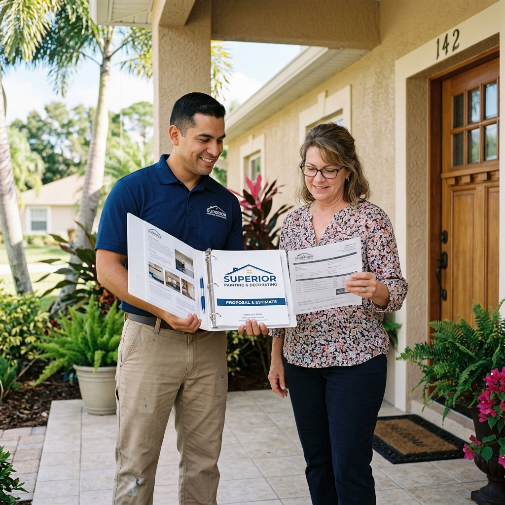 Victor from Affordable and Superior Painting presenting a printed estimate proposal to a homeowner at their front door in Port St. Lucie, FL